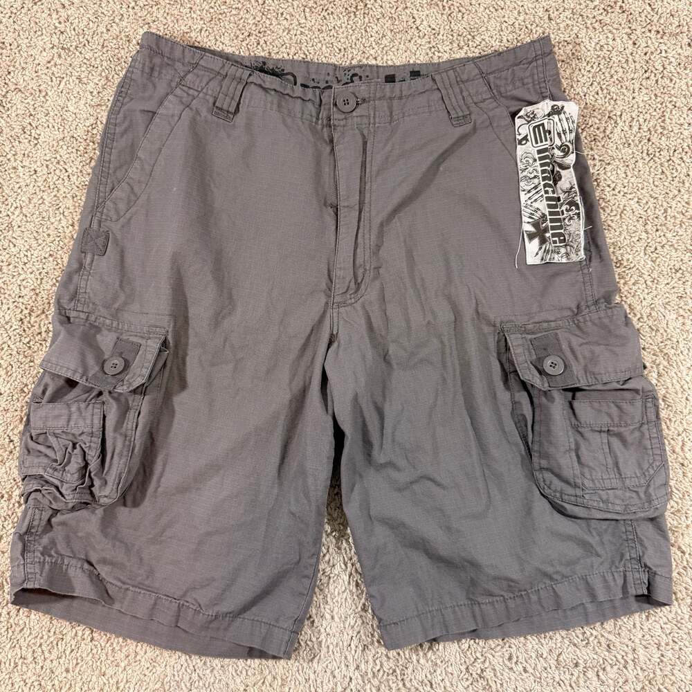 Machine Gray Ripstop Cargo Shorts Utility Pocket Skate Y2K Size 34 EUC